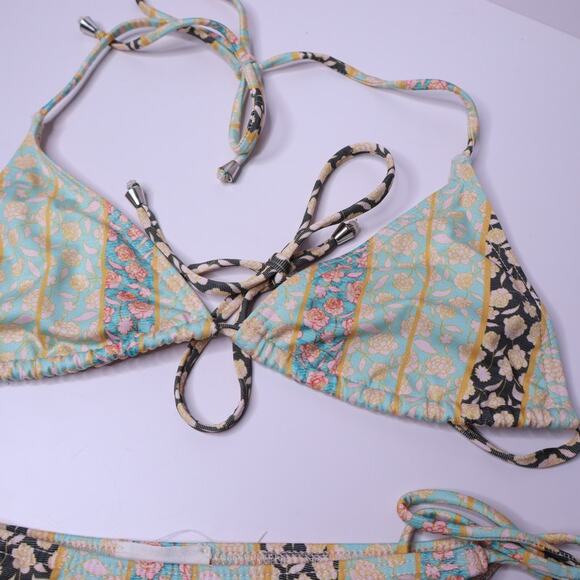 TULAROSA Two-Piece Set String Bikini Floral Green Halter Side Tie Women's XS/S - Picture 3 of 9